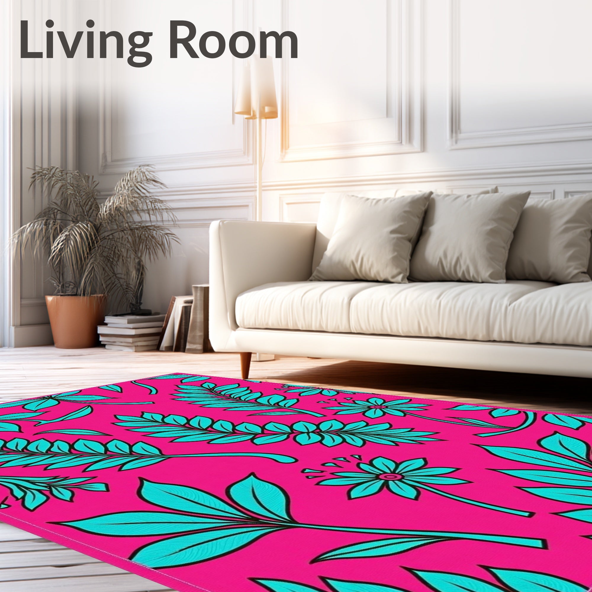 Hot Pink Teal Tropical Leaf Flowers Rug