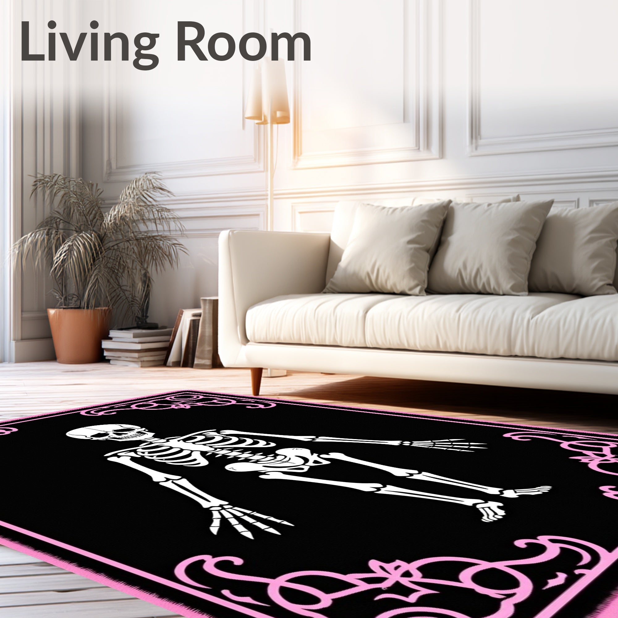 Black White Skeleton Pink Ornate Frame Rug