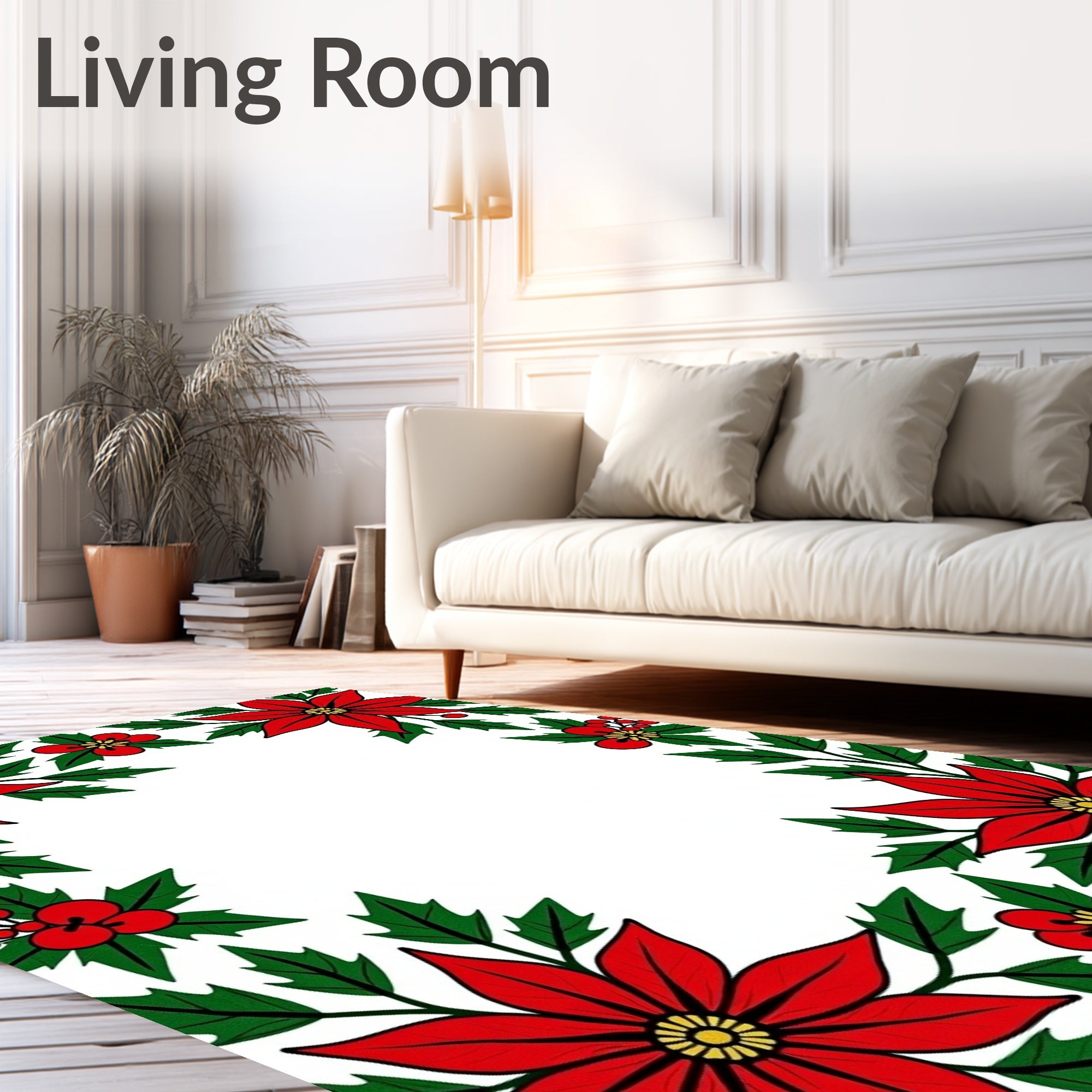 Classic Red Poinsettia Floral Border Rug