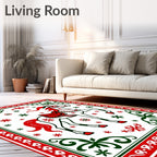 Festive White Horse Red Green Accents Rug