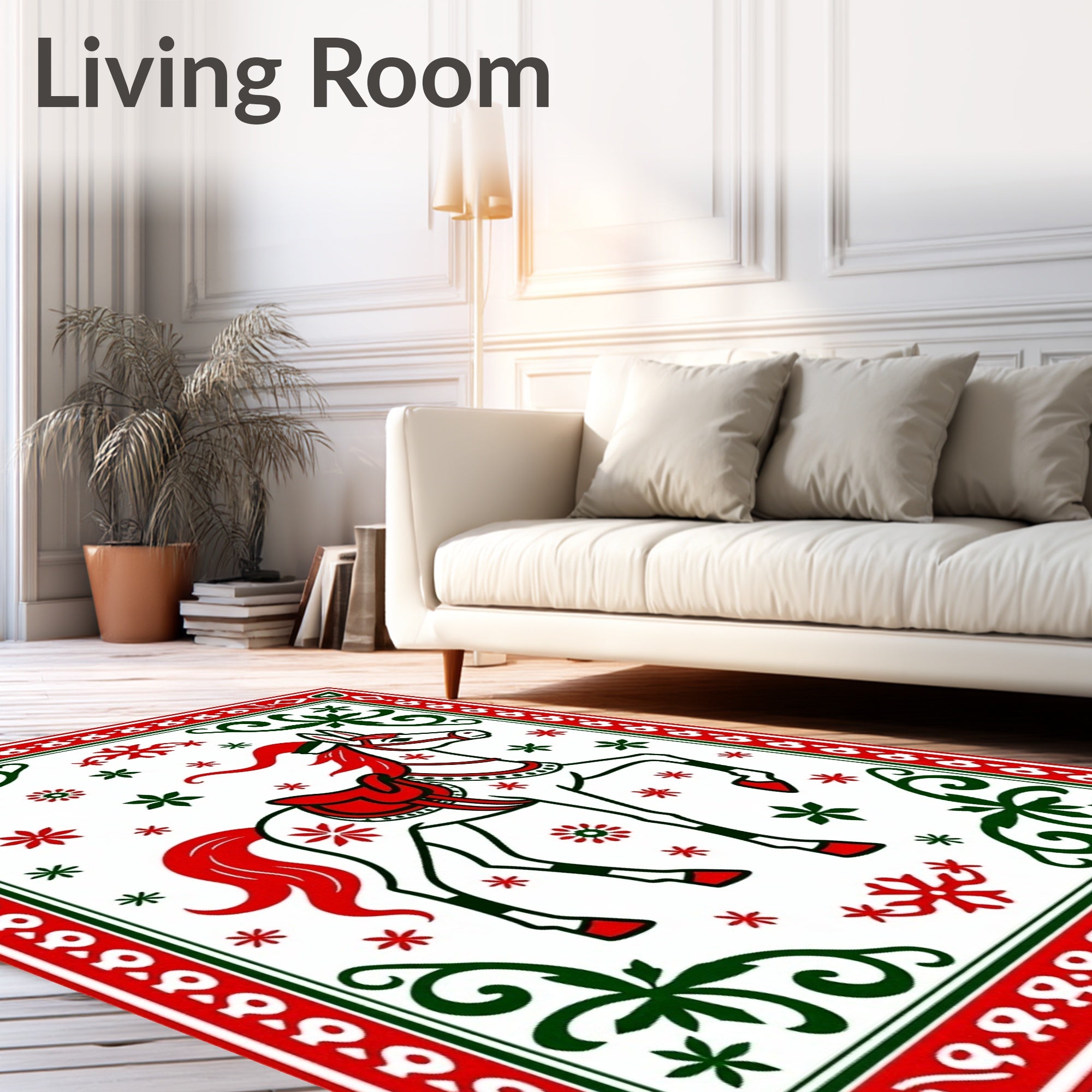 Festive White Horse Red Green Accents Rug