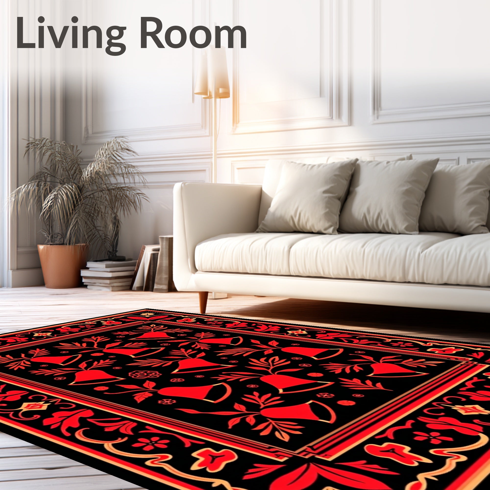 Khokhloma Red Bell Floral Border Rug