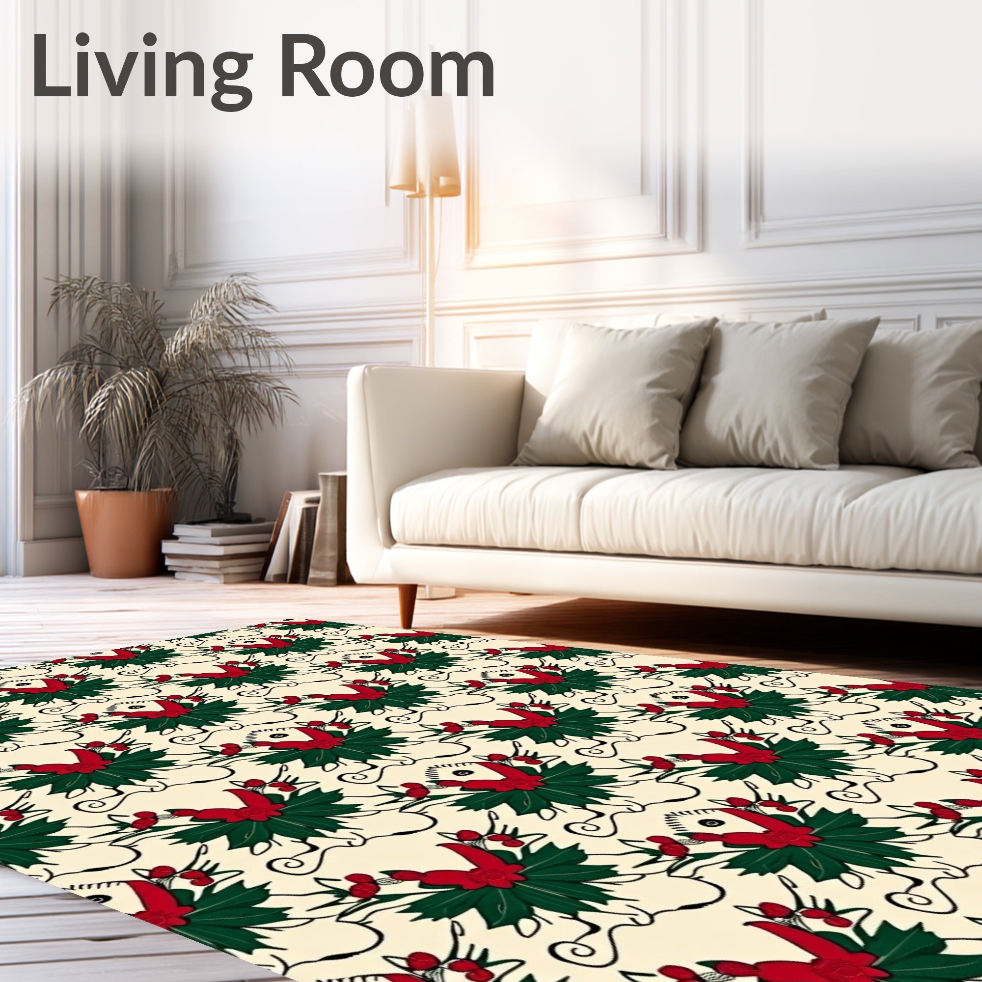 Cream Red Green Holly Berry Garland Rug