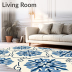 Indigo Blue Floral Medallion Cream Rug