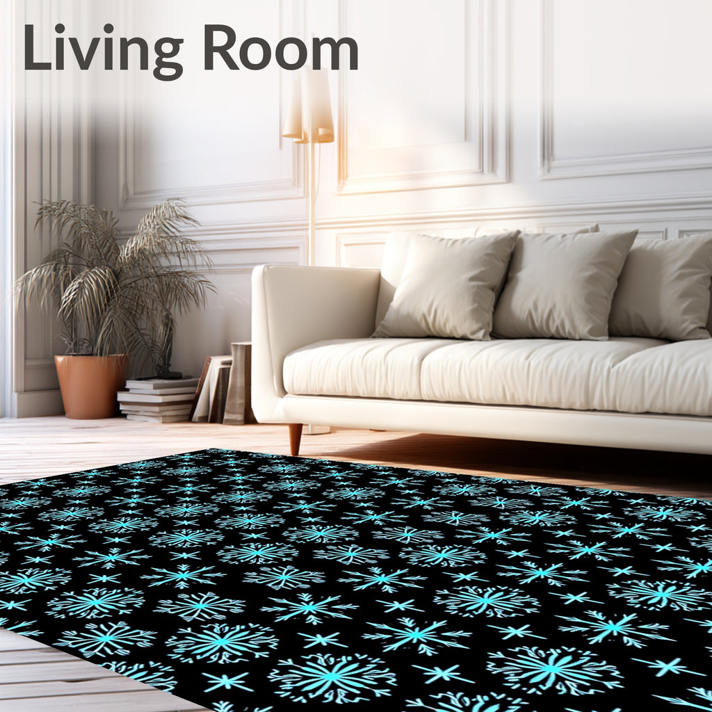 Aqua Snowflake Star Black Background Rug