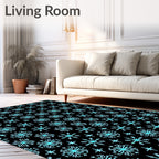 Aqua Snowflake Star Black Background Rug