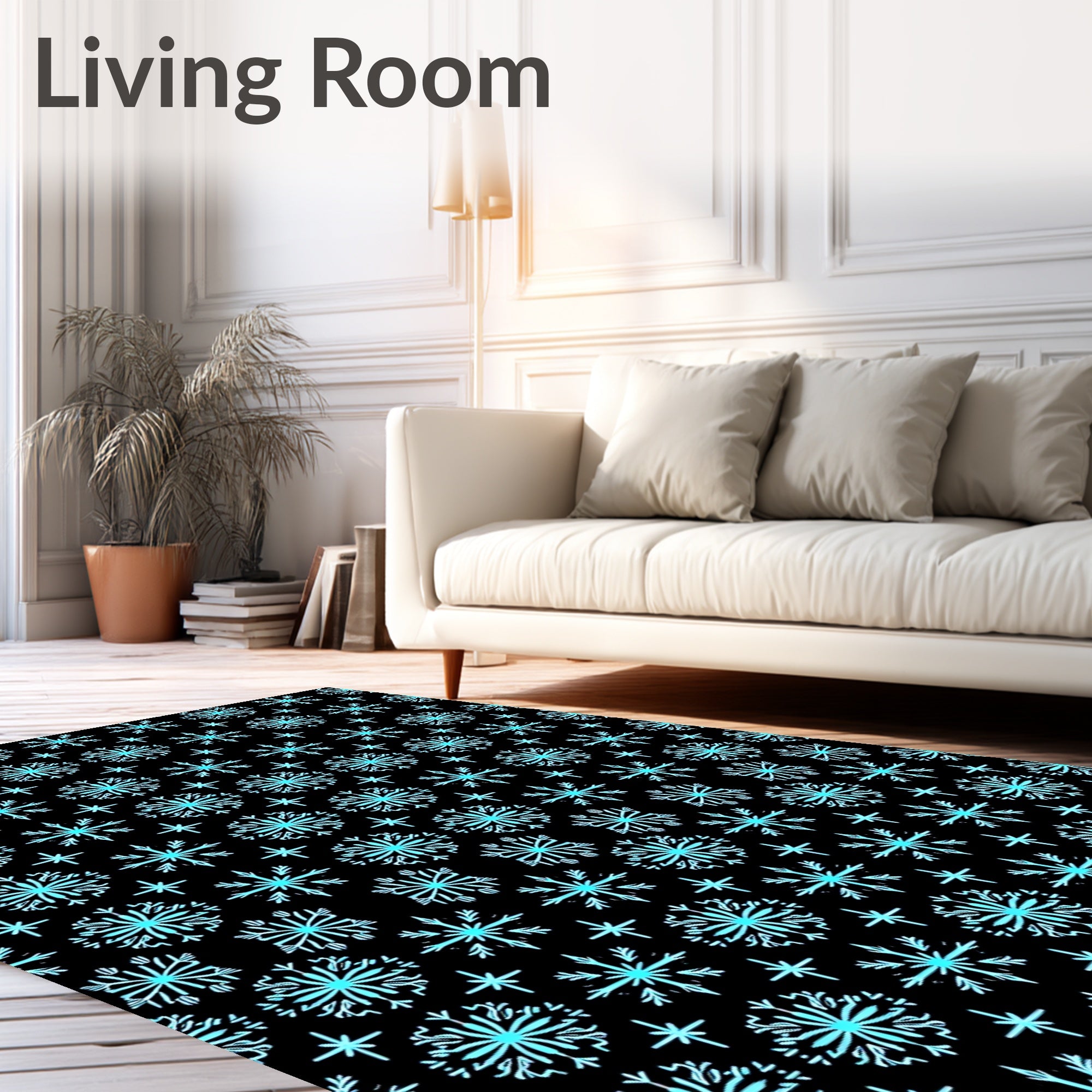 Aqua Snowflake Star Black Background Rug