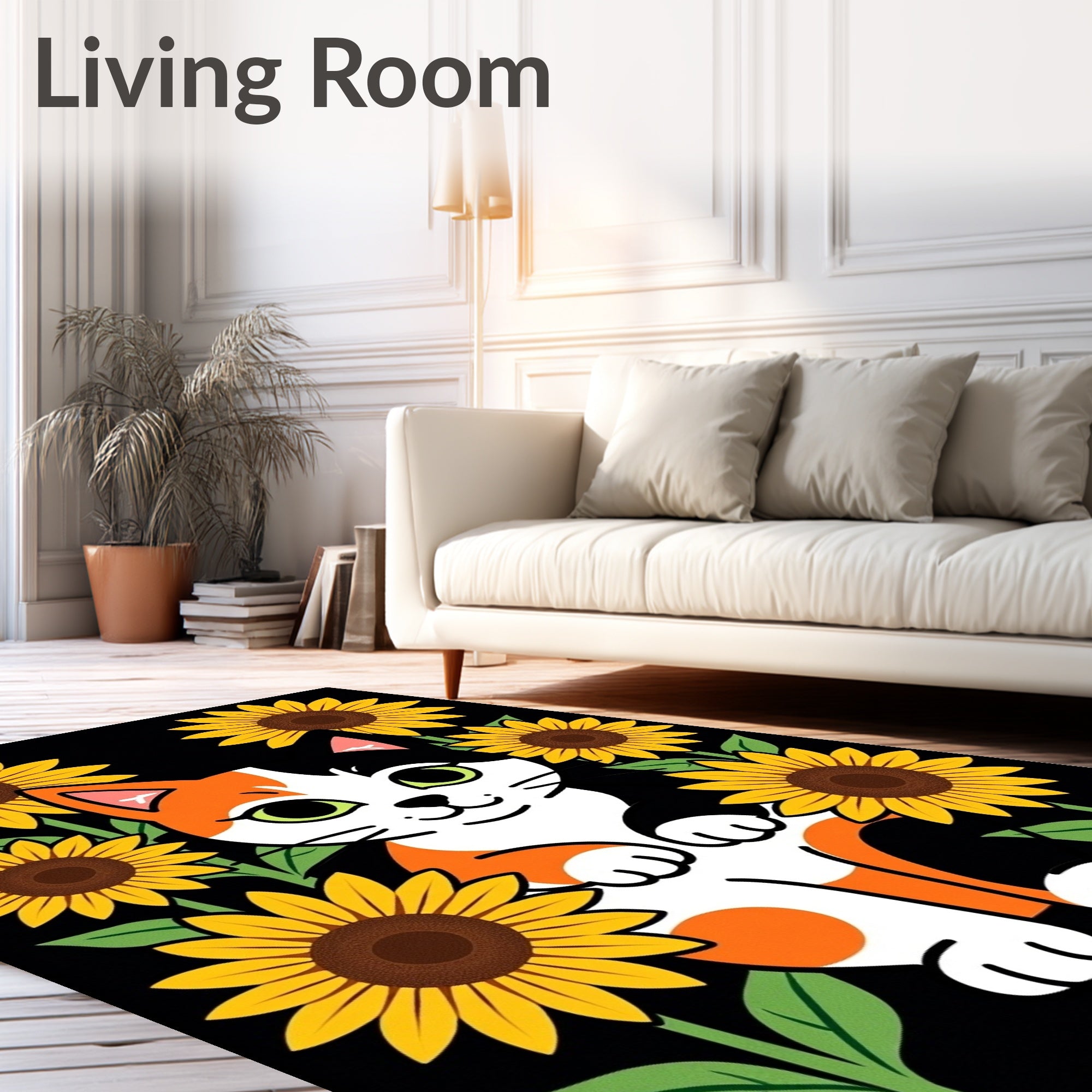 Cute Calico Cat Sunflower Garden Rug