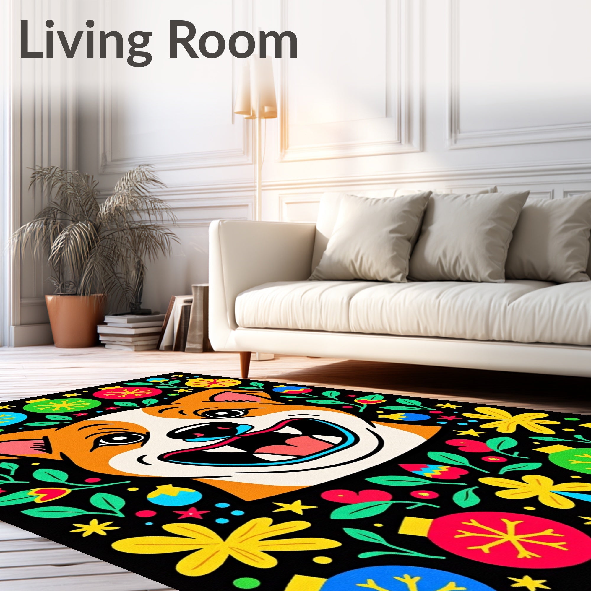 Joyful Dog With Festive Ornaments Rug