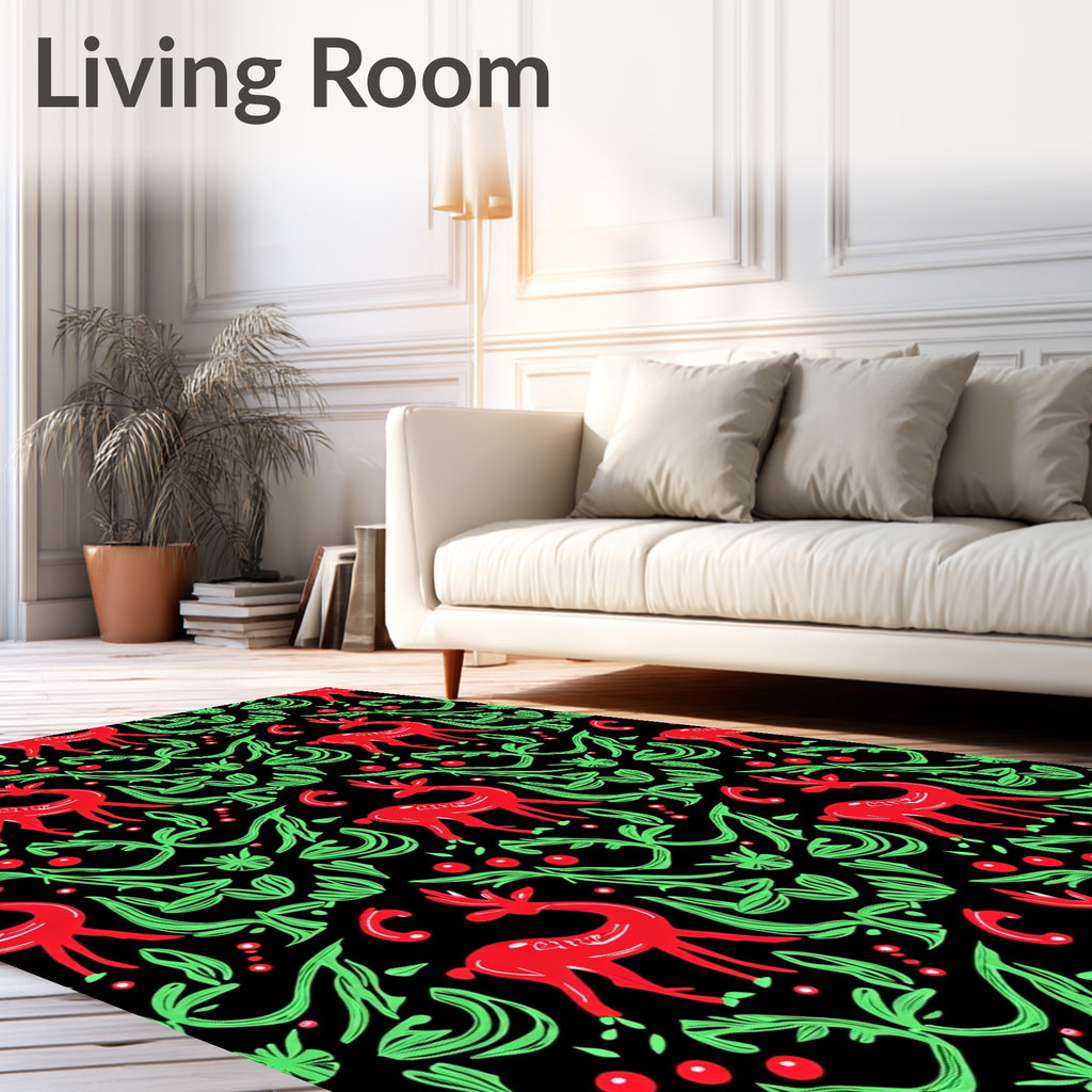 Whimsical Red Deer Green Foliage Rug