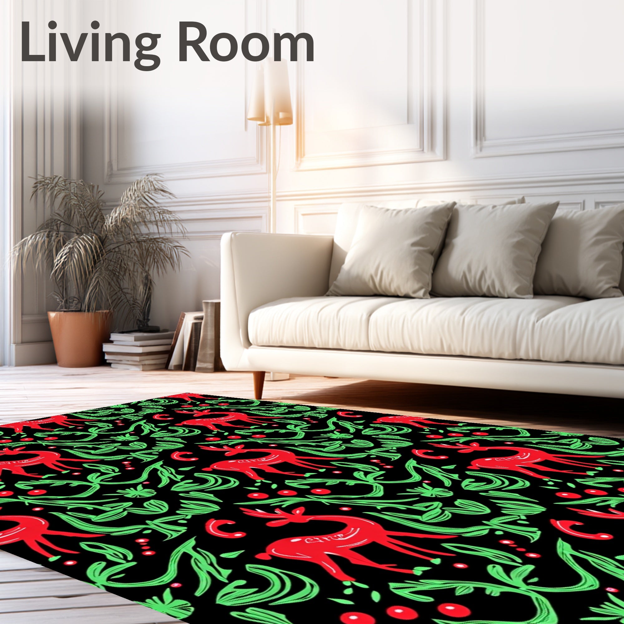 Whimsical Red Deer Green Foliage Rug