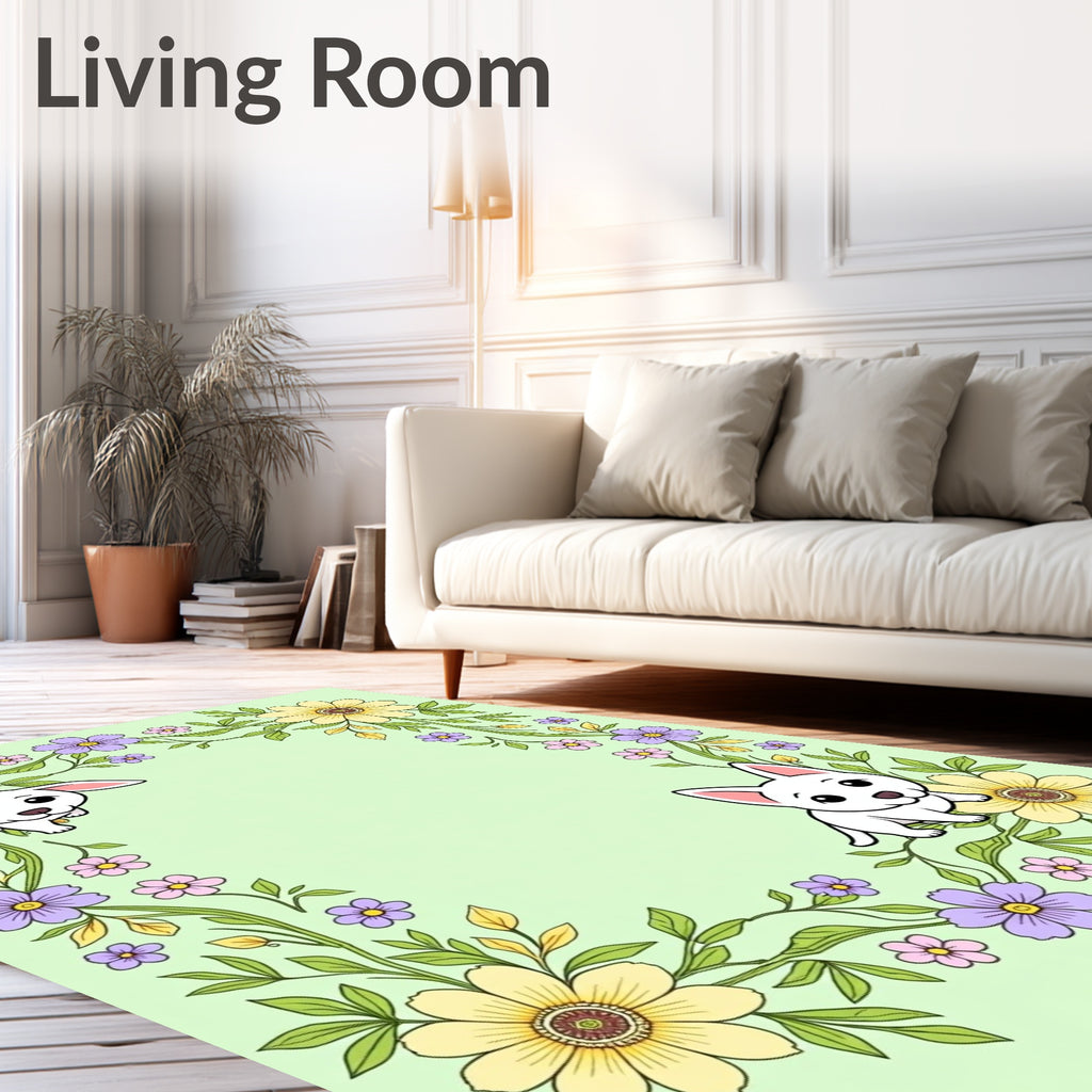 Whimsical White Puppies Floral Vine Rug