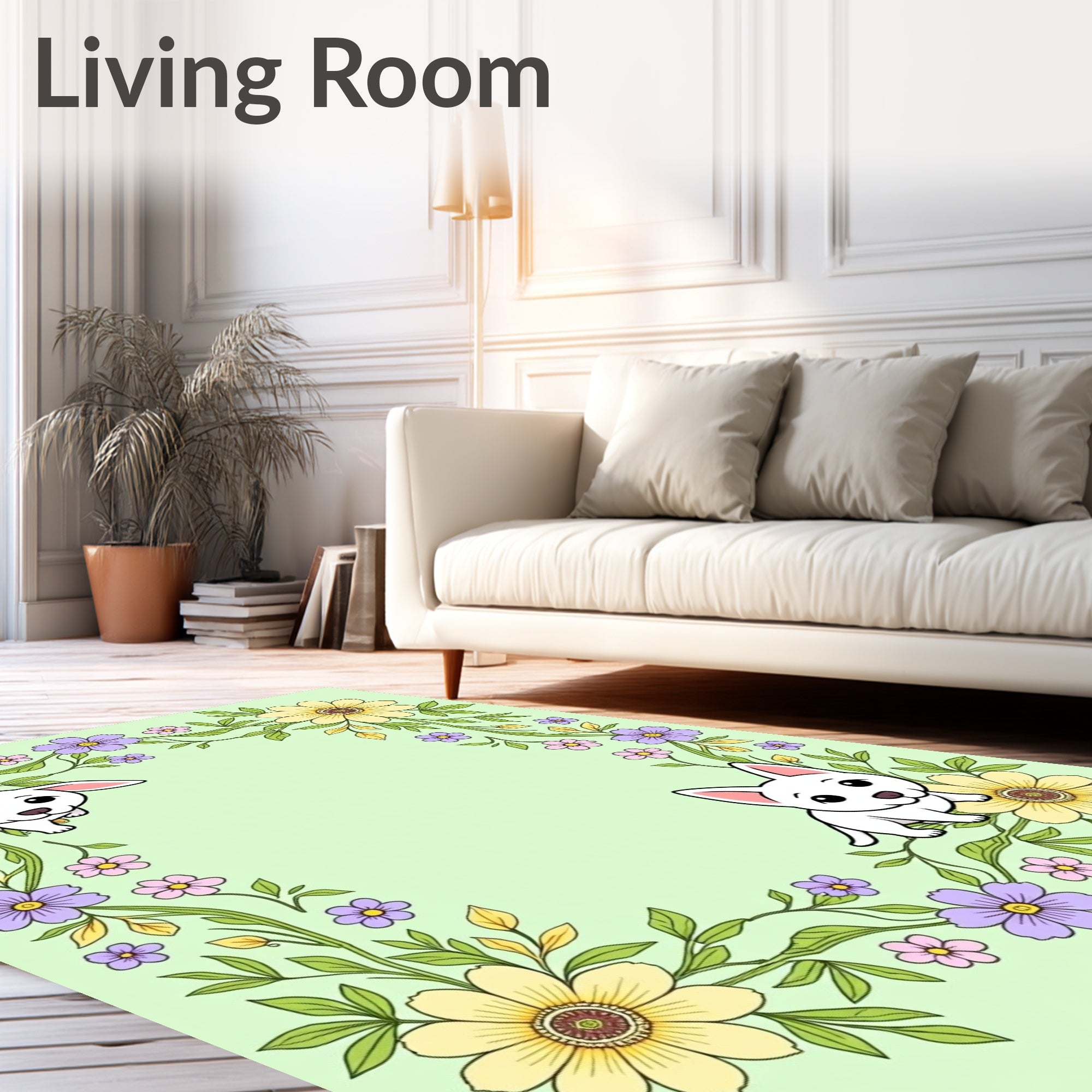 Whimsical White Puppies Floral Vine Rug