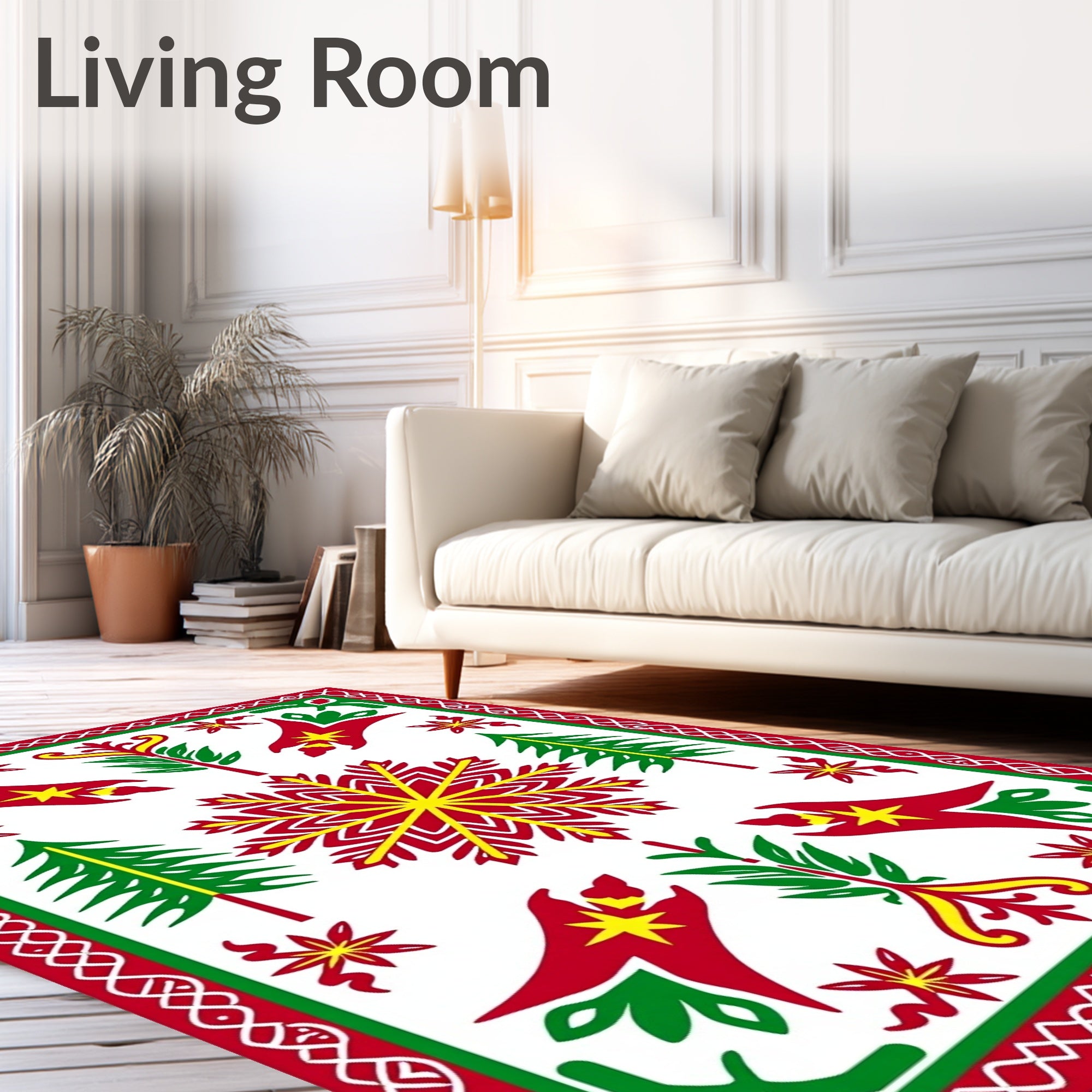 Bold Red Green Geometric Snowflake Tree Rug
