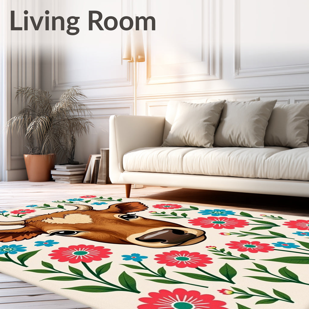 Whimsical Brown Cow Floral Arrangement Rug