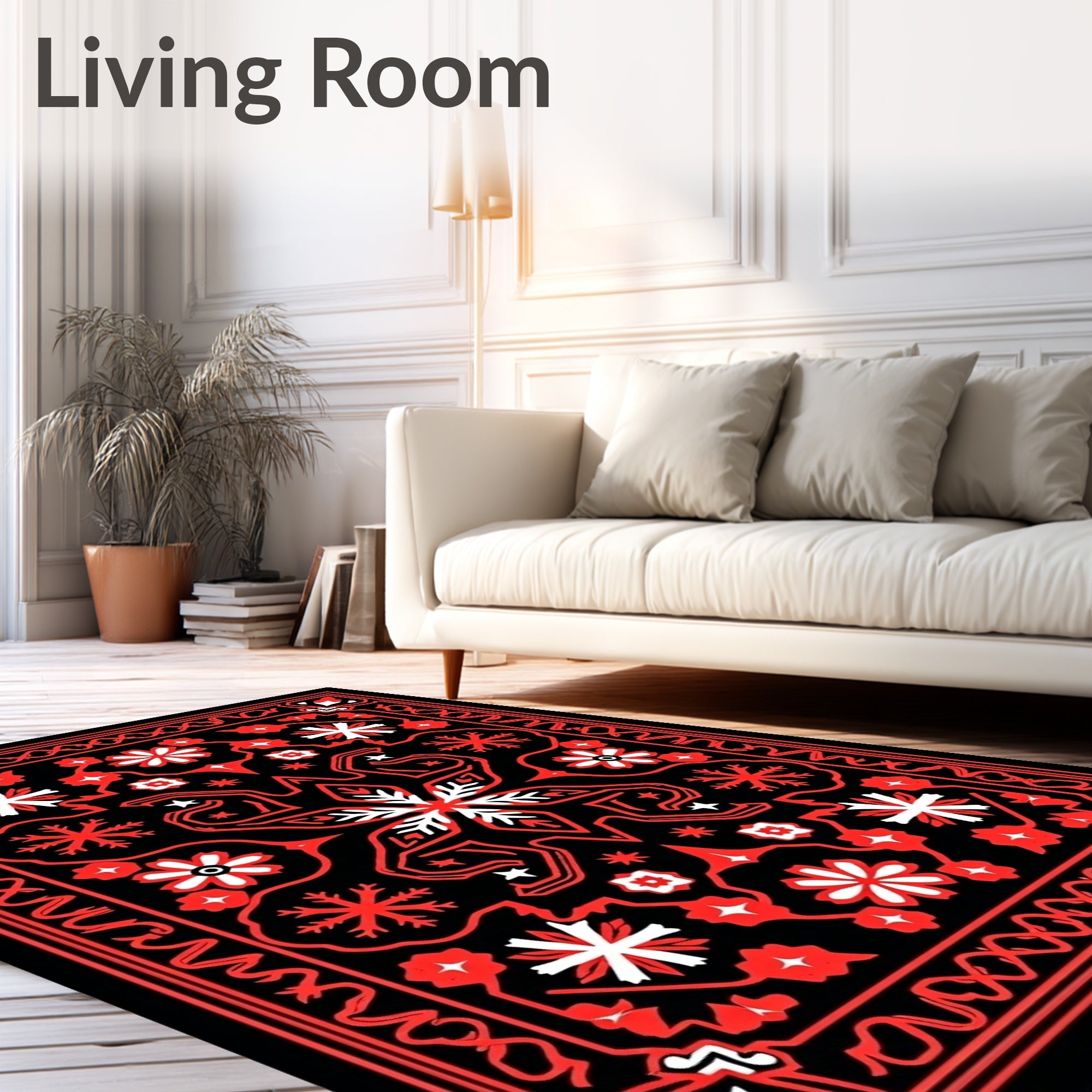 Bold Black Red Floral Starburst Medallion Rug
