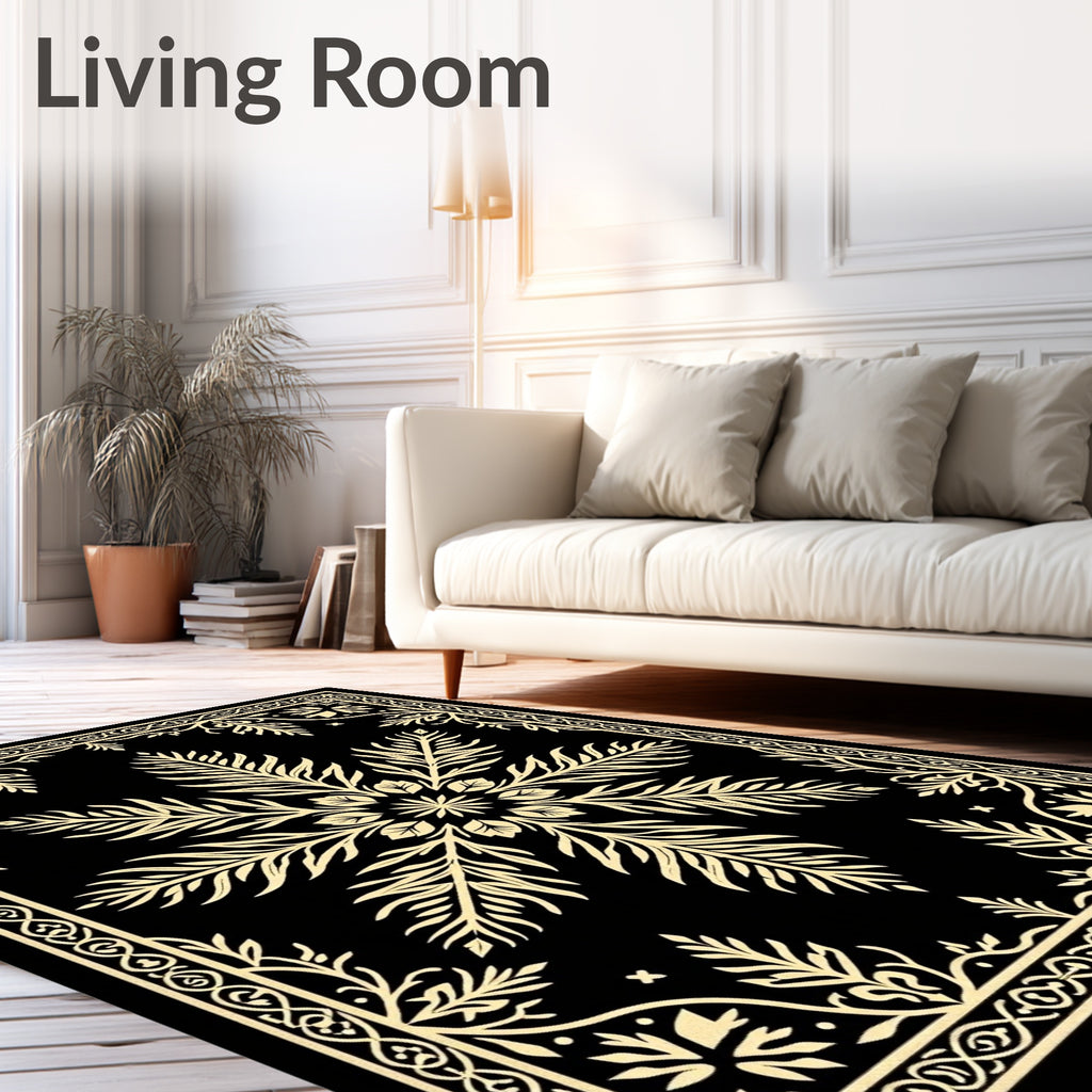 Ornate Black and Gold Leaf Mandala Rug