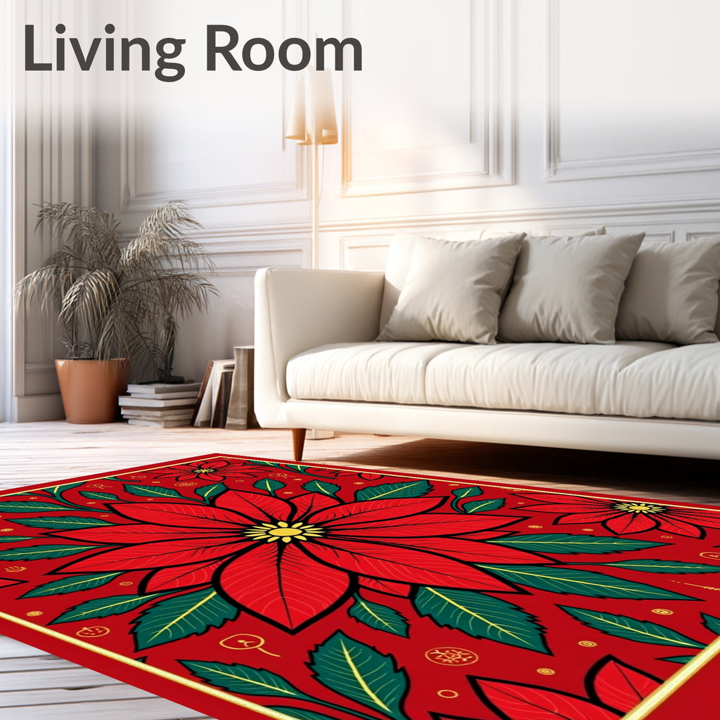 Crimson Red Poinsettia Leafy Bloom Rug