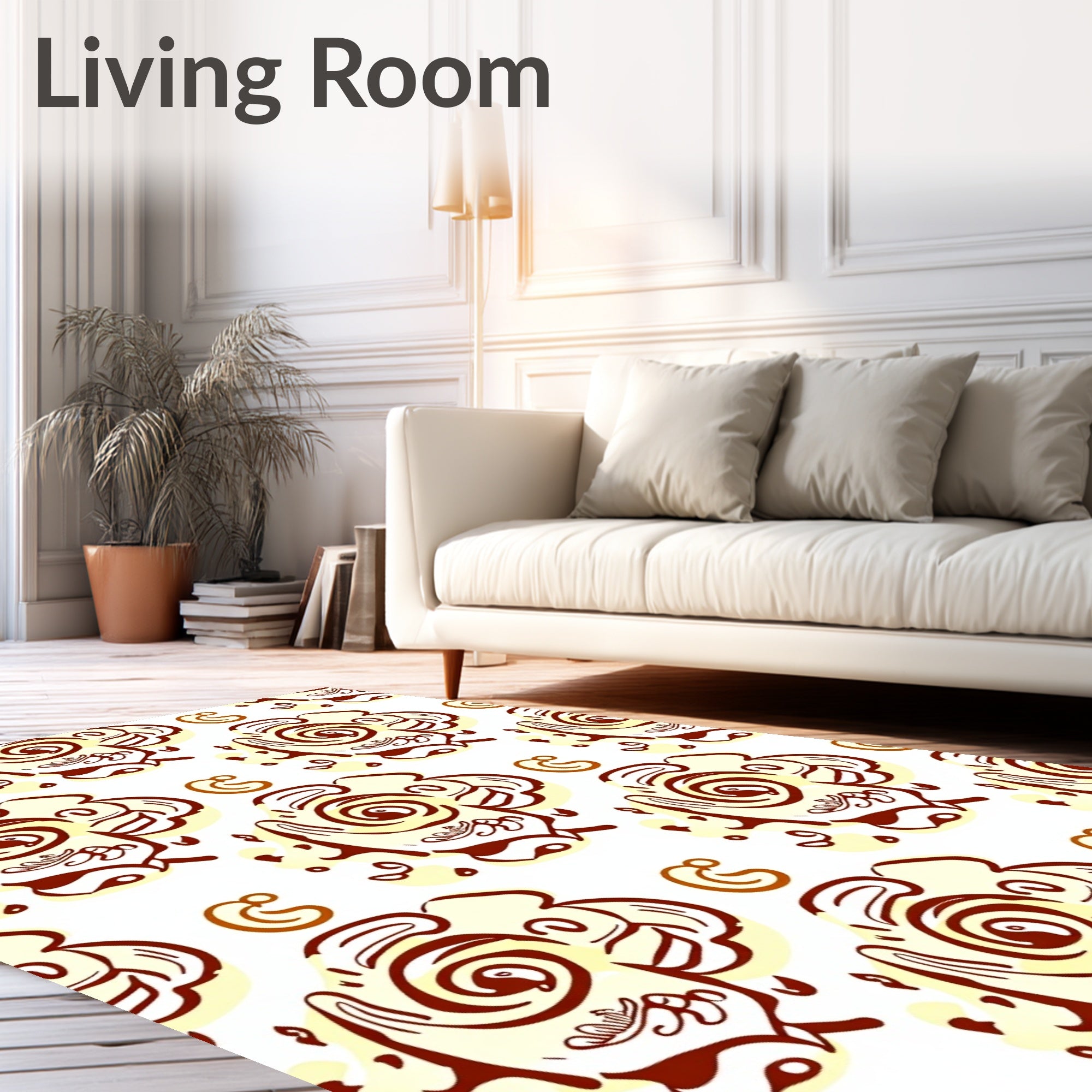 Cream and Brown Abstract Swirl Rug