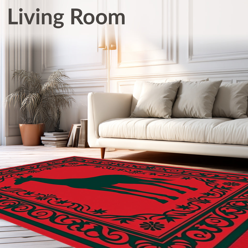 Red Giraffe Silhouette Ornate Border Rug