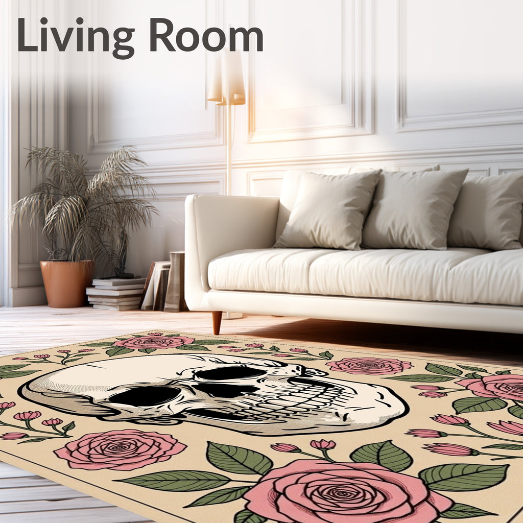 Pink Rose Skull Portrait Rug