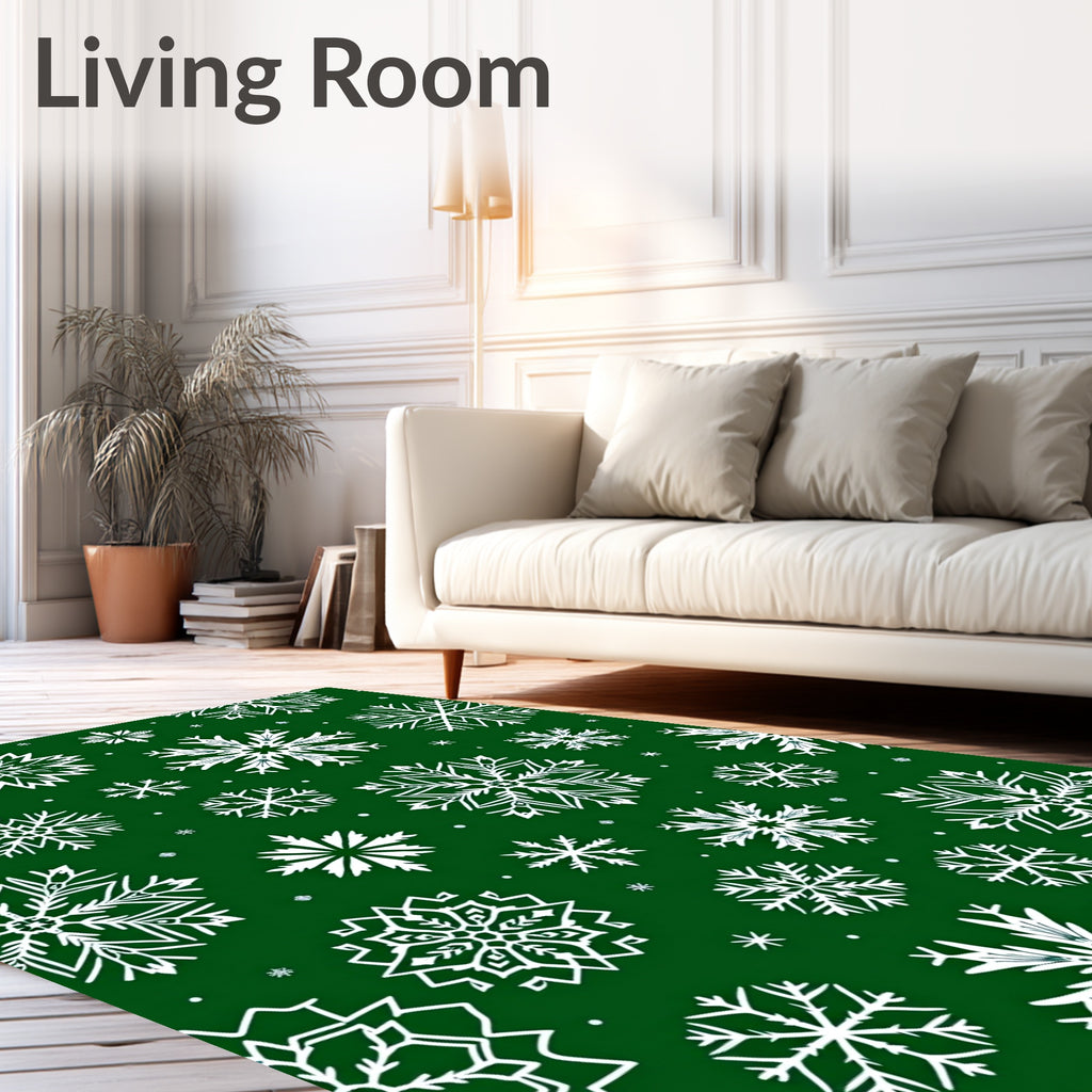 White Snowflake Forest Green Field Rug