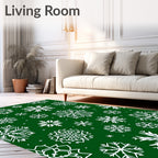White Snowflake Forest Green Field Rug