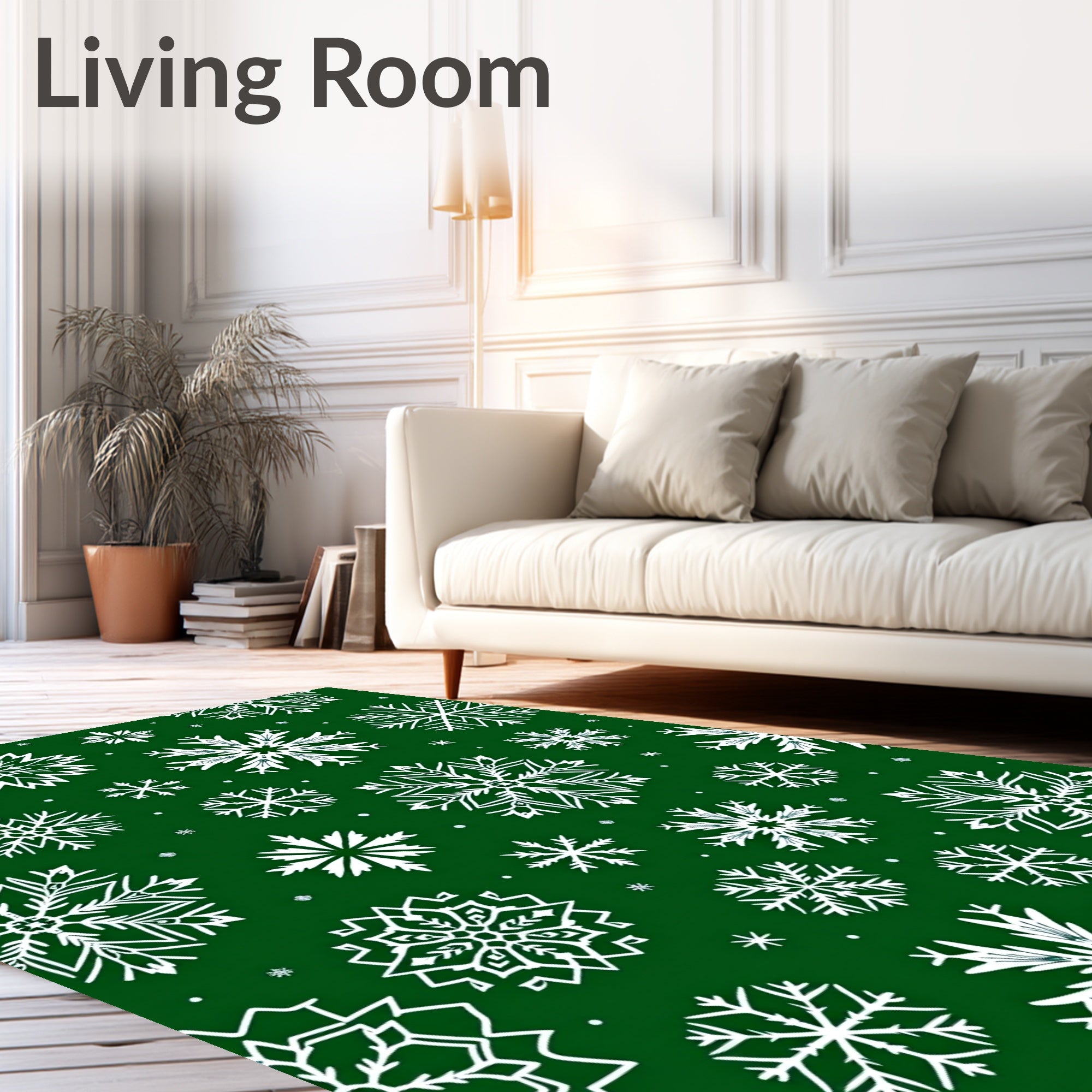 White Snowflake Forest Green Field Rug