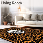 Black Orange Skull Radiating Swirls Rug