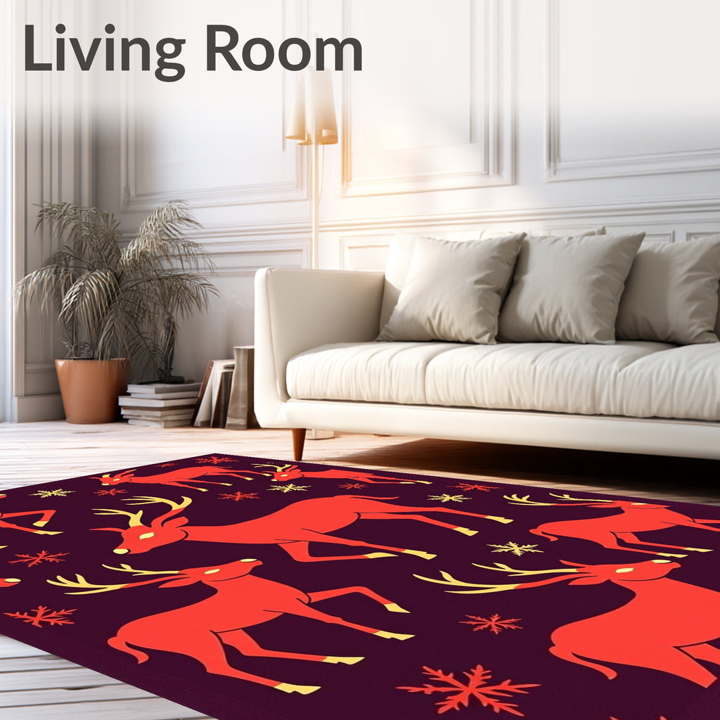 Red Deer With Snowflakes Holiday Rug