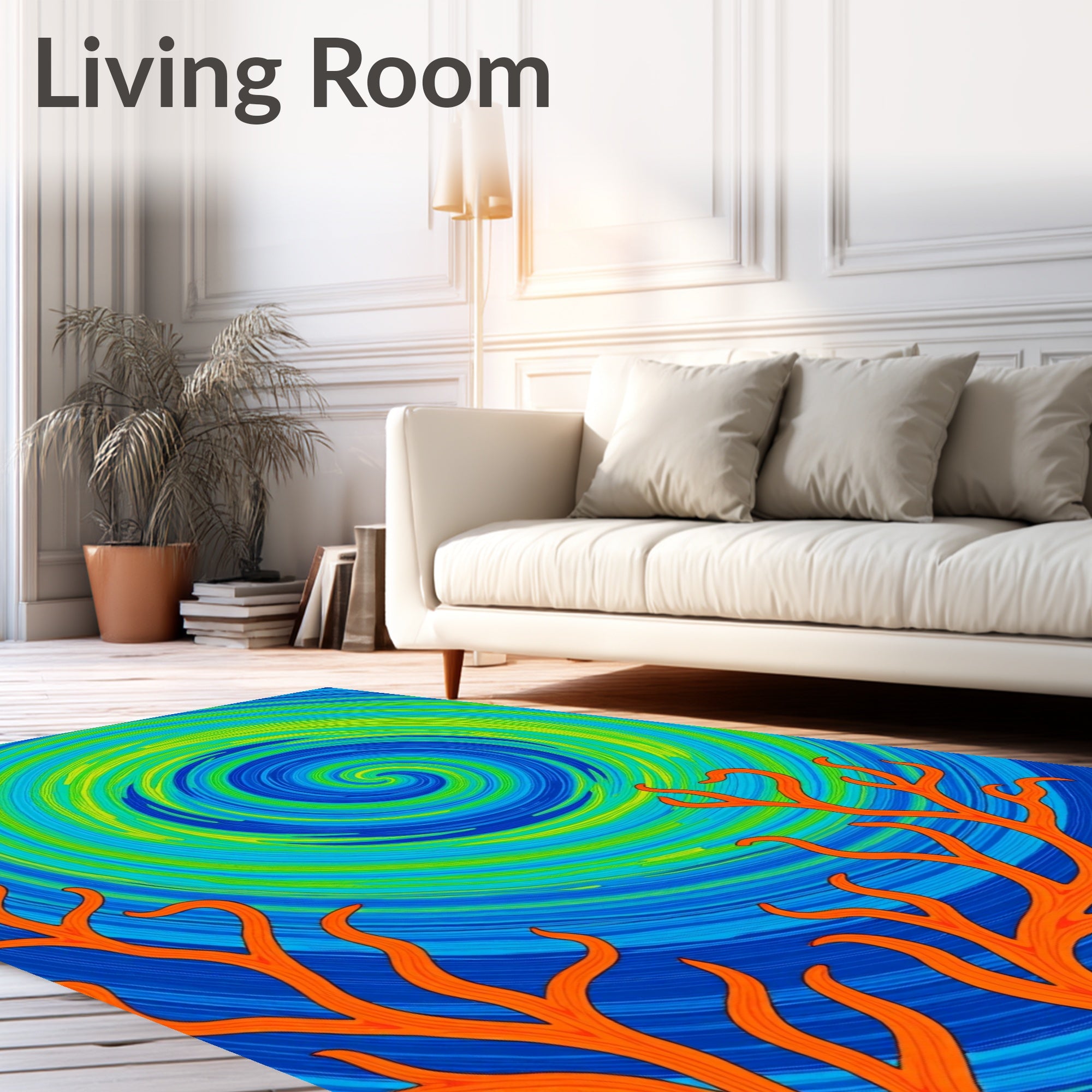 Bright Orange Coral Swirl Blue Rug