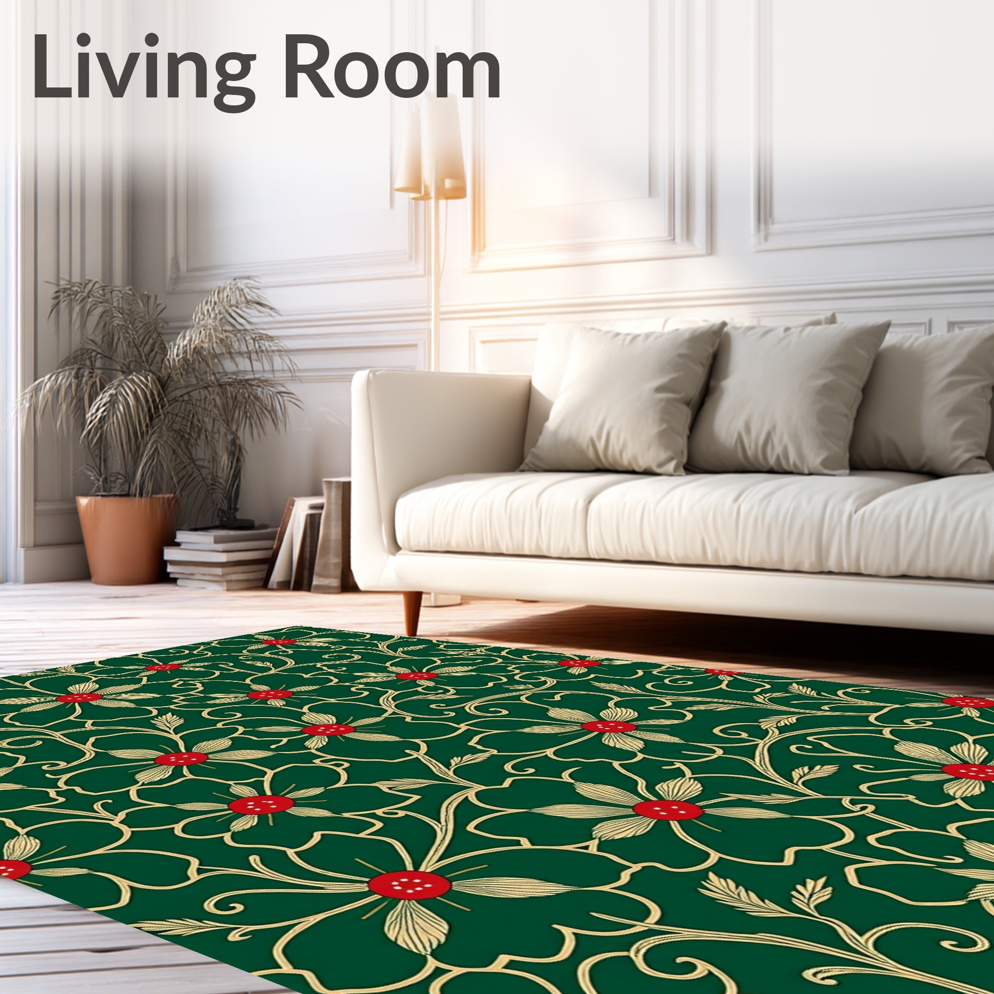Emerald Green Floral Vines Red Accents Rug