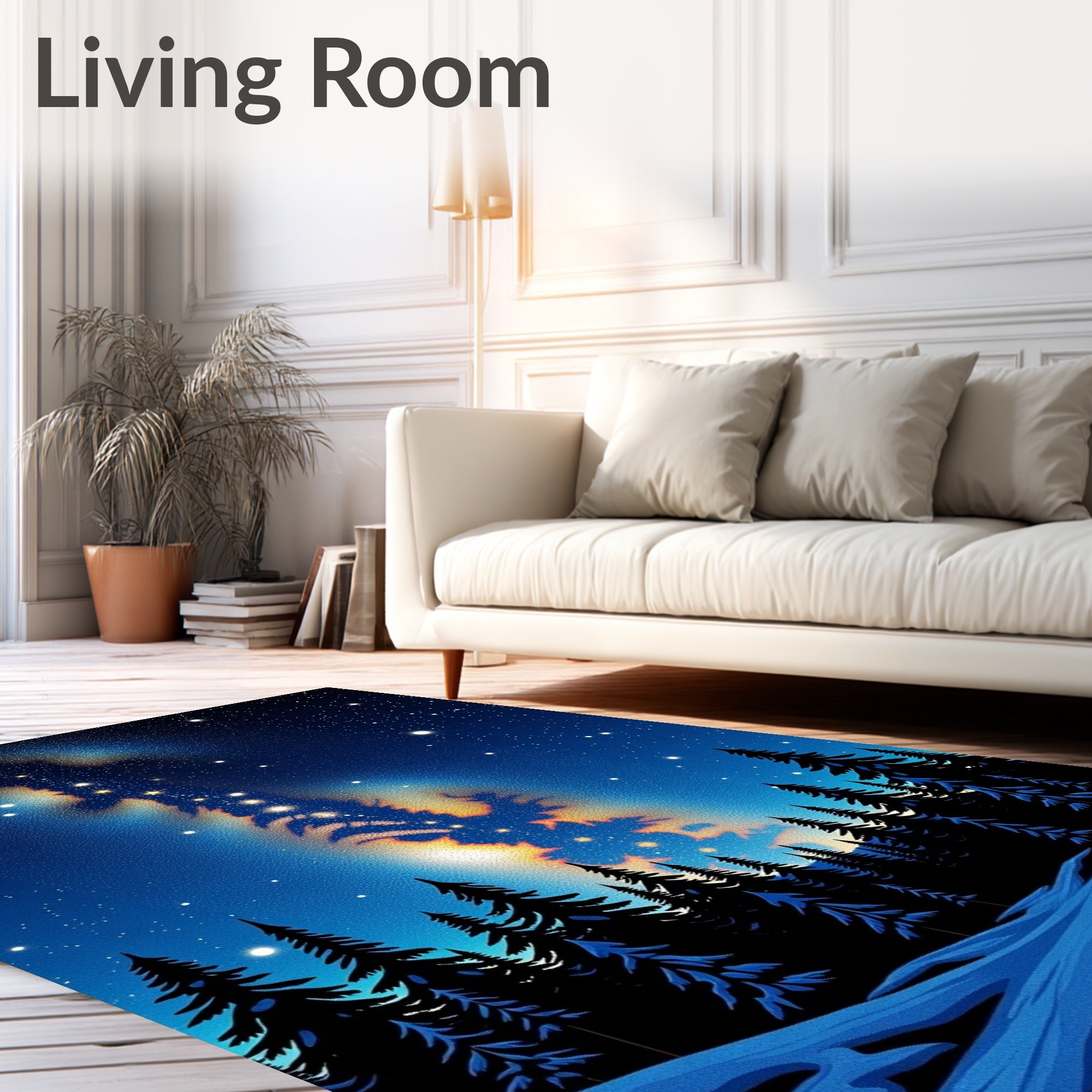 Midnight Blue Starry Forest Landscape Rug