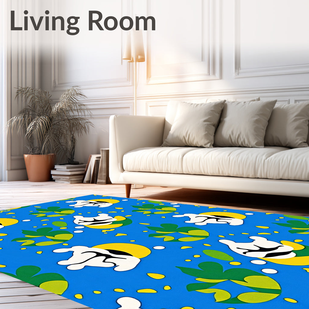 Cartoonish White Figure Yellow Circle Green Leaves Rug