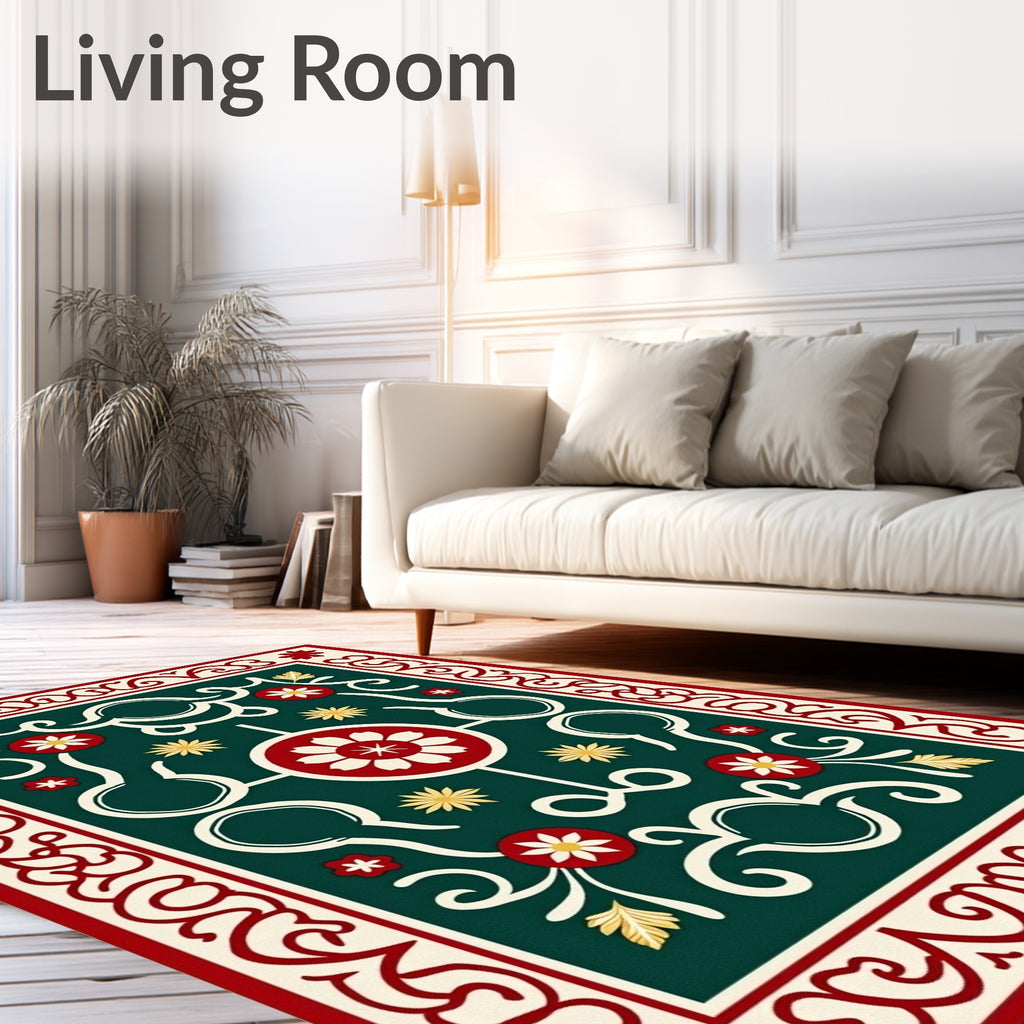 Deep Emerald Red Floral Lattice Rug