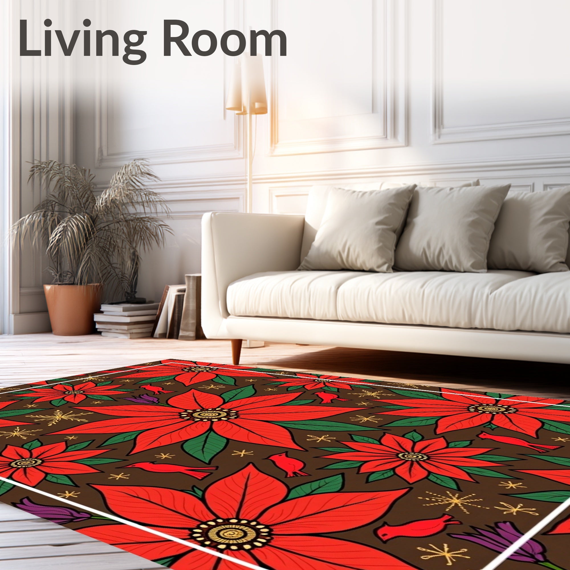 Red Poinsettia Birds Gold Snowflakes Rug