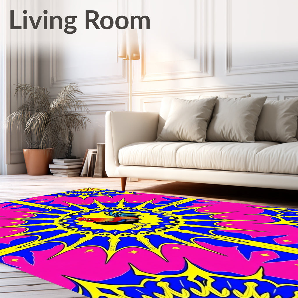 Vibrant Rooster Yellow Blue Pink Medallion Rug