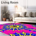 Vibrant Rooster Yellow Blue Pink Medallion Rug