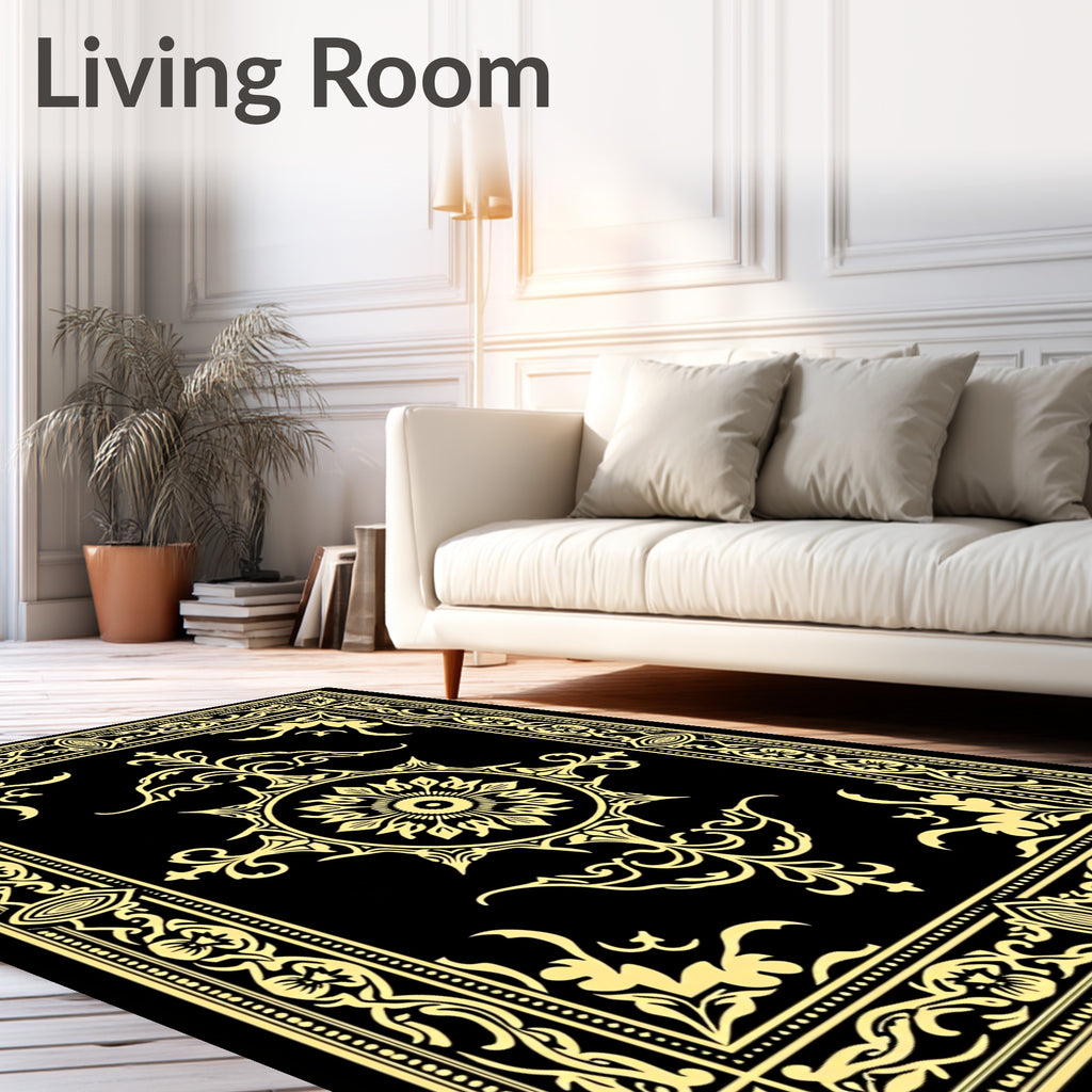 Ornate Gold Floral Medallion Black Rug