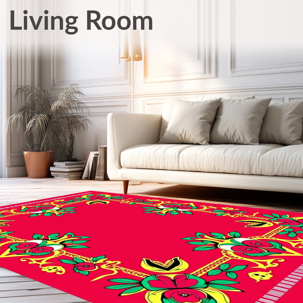 Vibrant Red Floral Scroll Border Rug