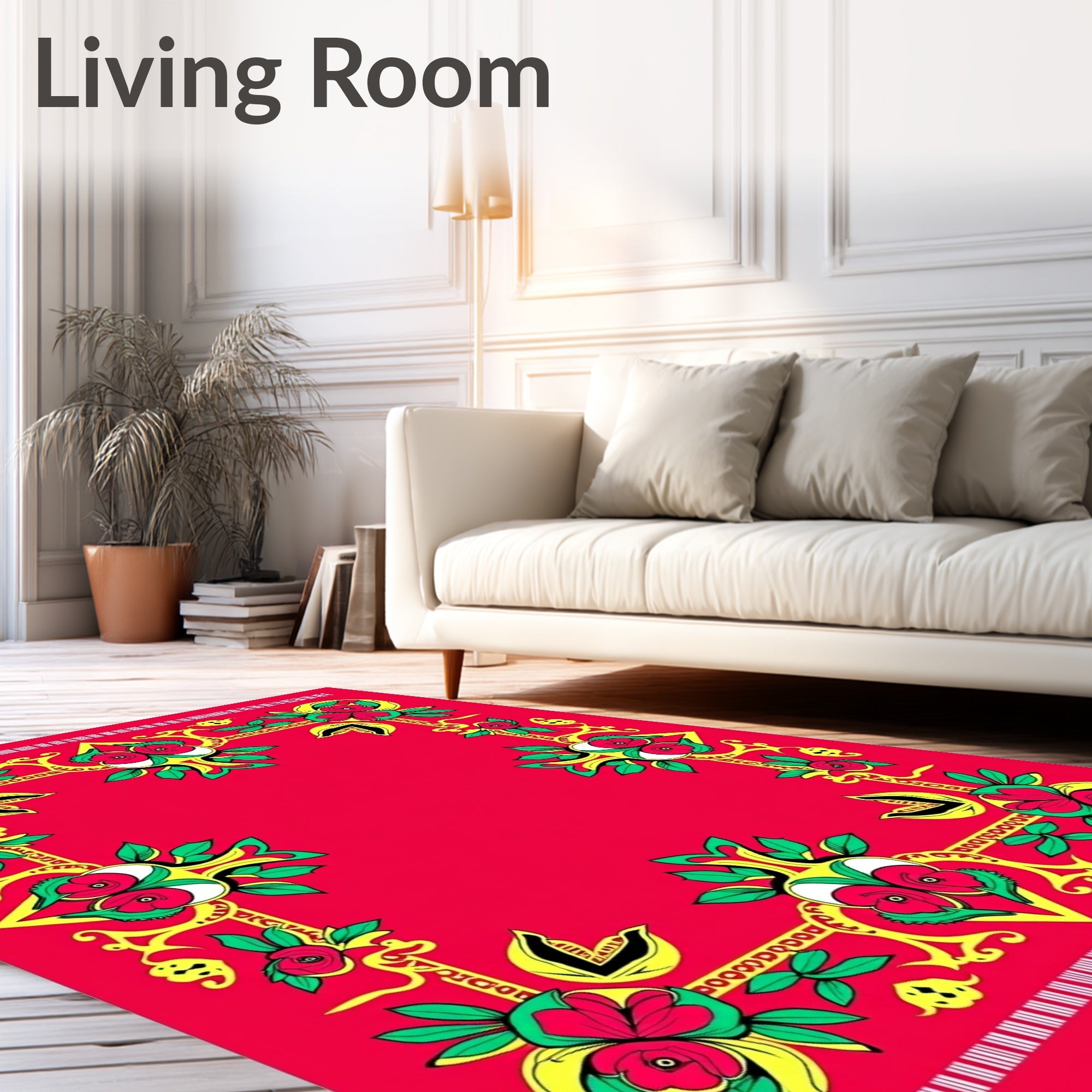 Vibrant Red Floral Scroll Border Rug