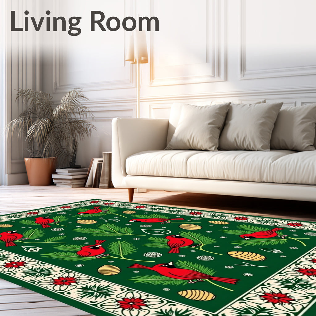 Red Cardinal Evergreen Branch Christmas Rug