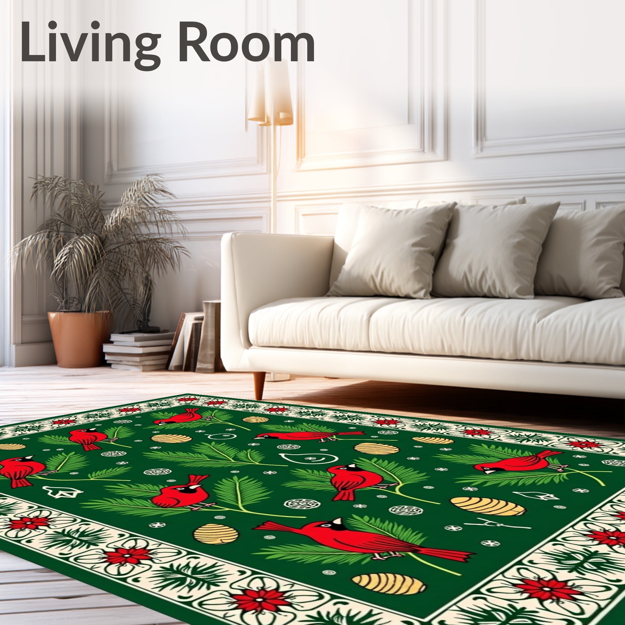 Red Cardinal Evergreen Branch Christmas Rug