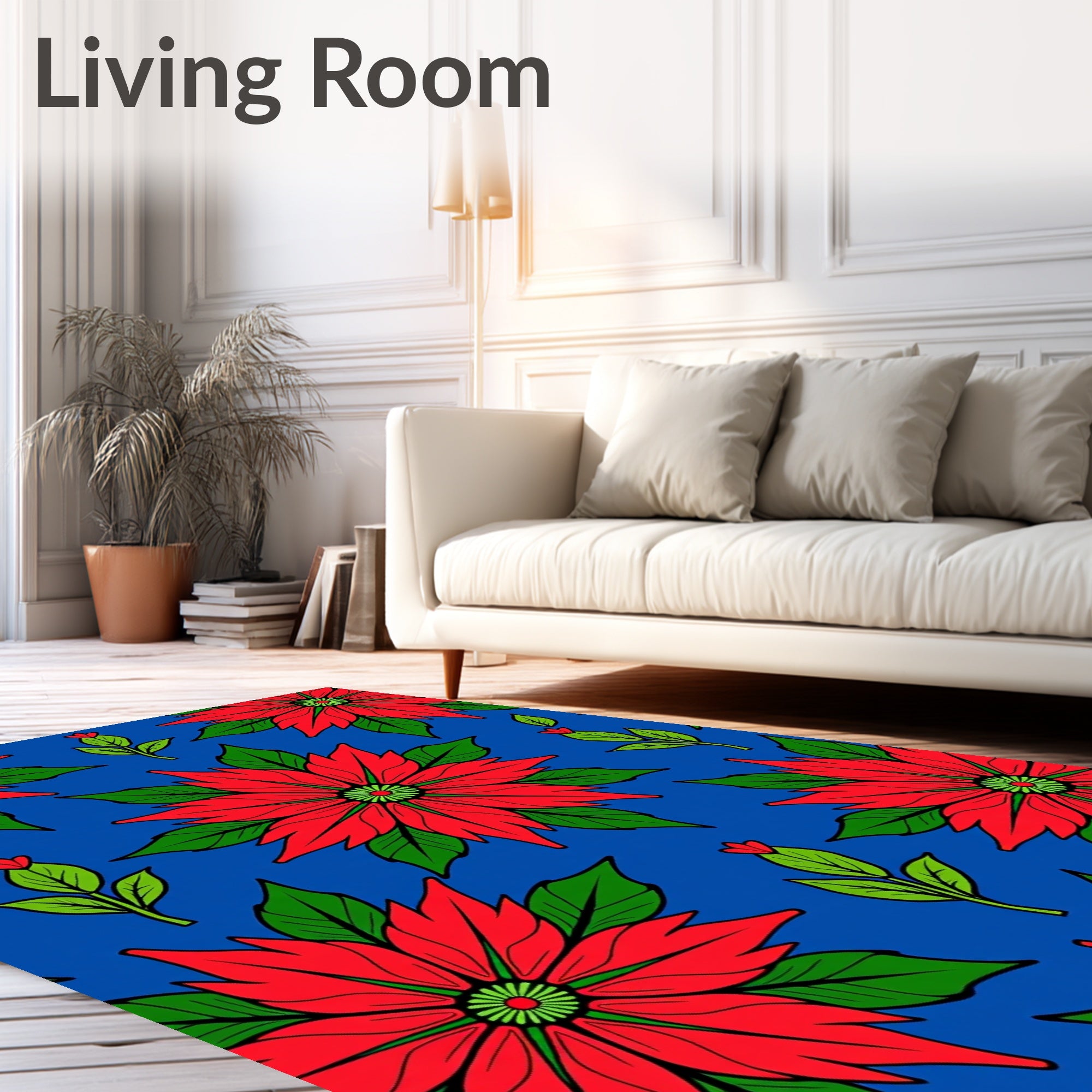 Red Floral Bloom Sapphire Background Rug