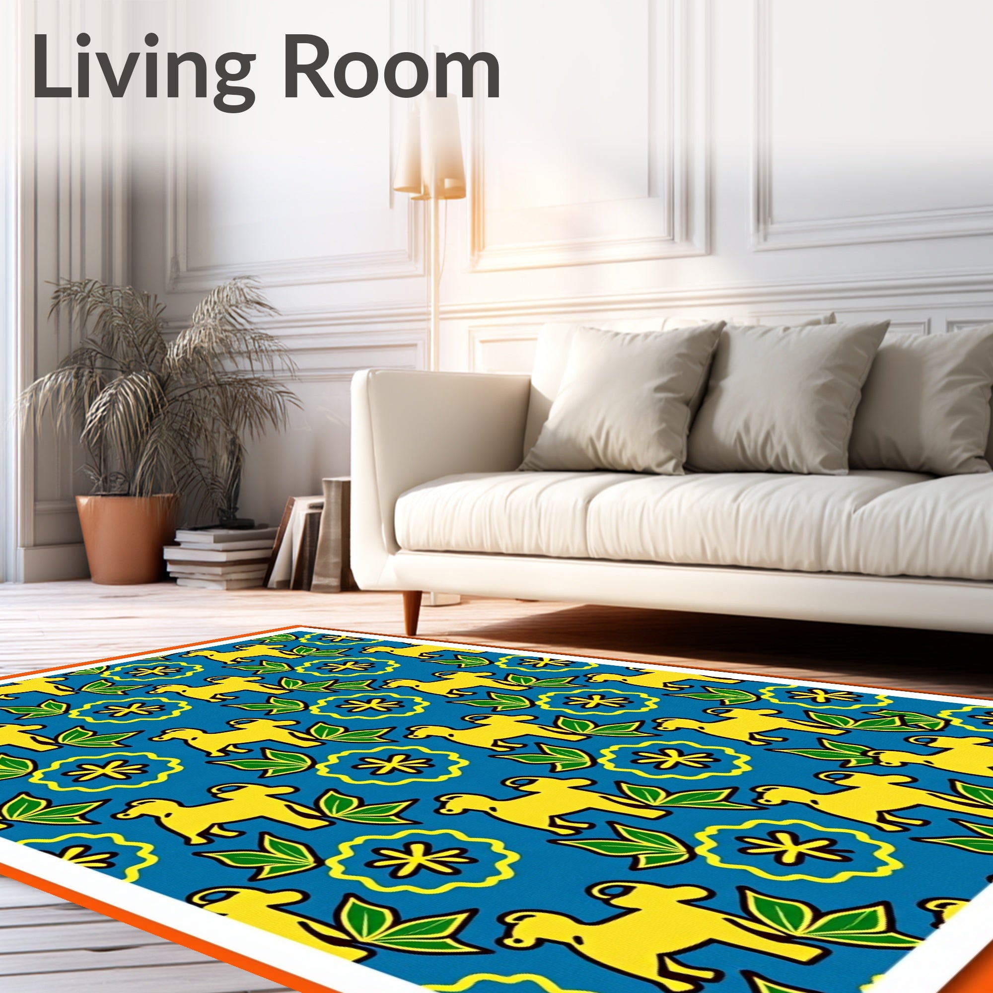 Yellow Dog Blue Floral Whimsical Garden Rug