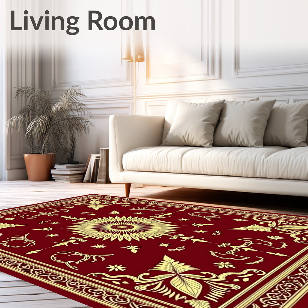 Deep Red Golden Sunburst Floral Border Rug