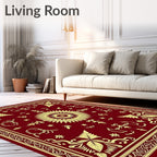 Deep Red Golden Sunburst Floral Border Rug