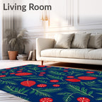 Red Leaf Green Sprig Navy Background Rug