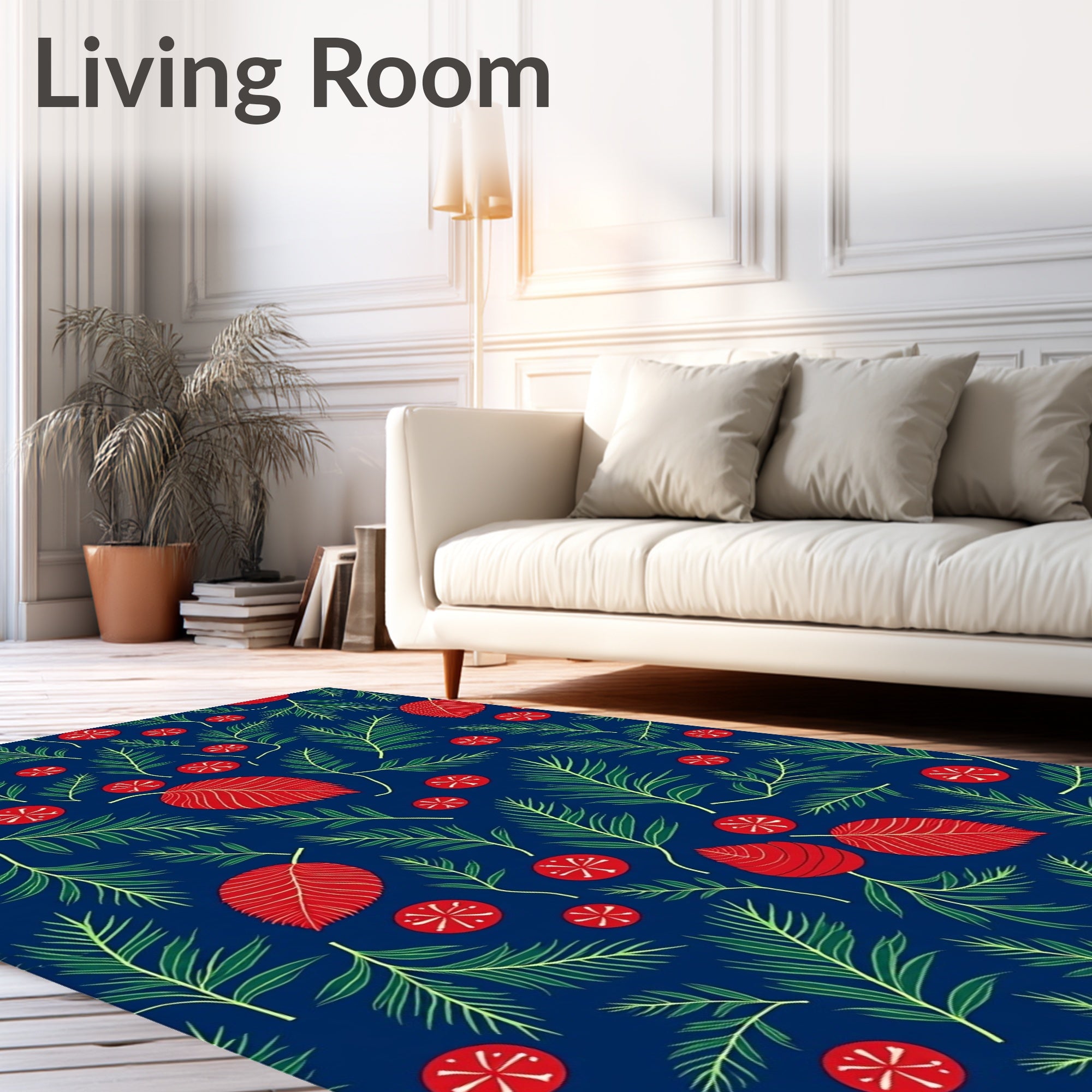 Red Leaf Green Sprig Navy Background Rug