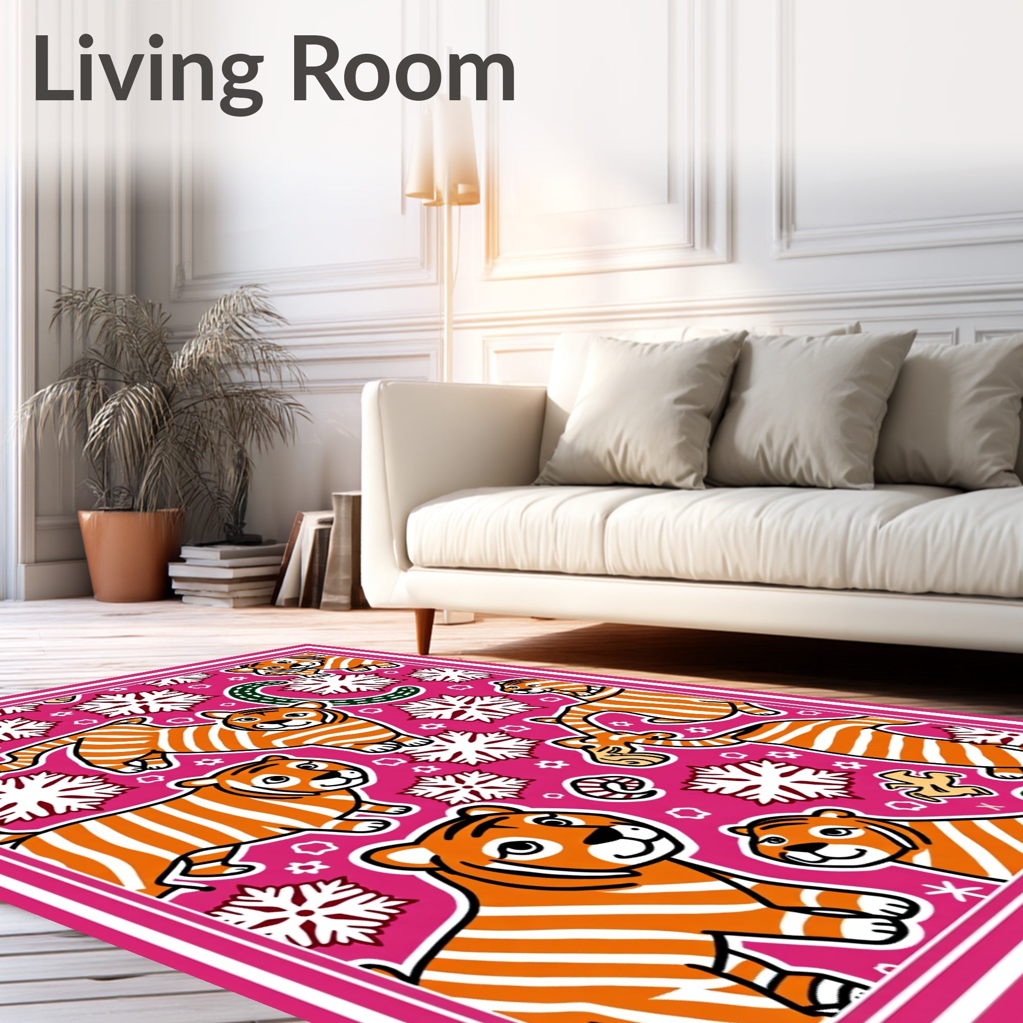 Playful Tiger Snowflake Whimsical Pink Rug